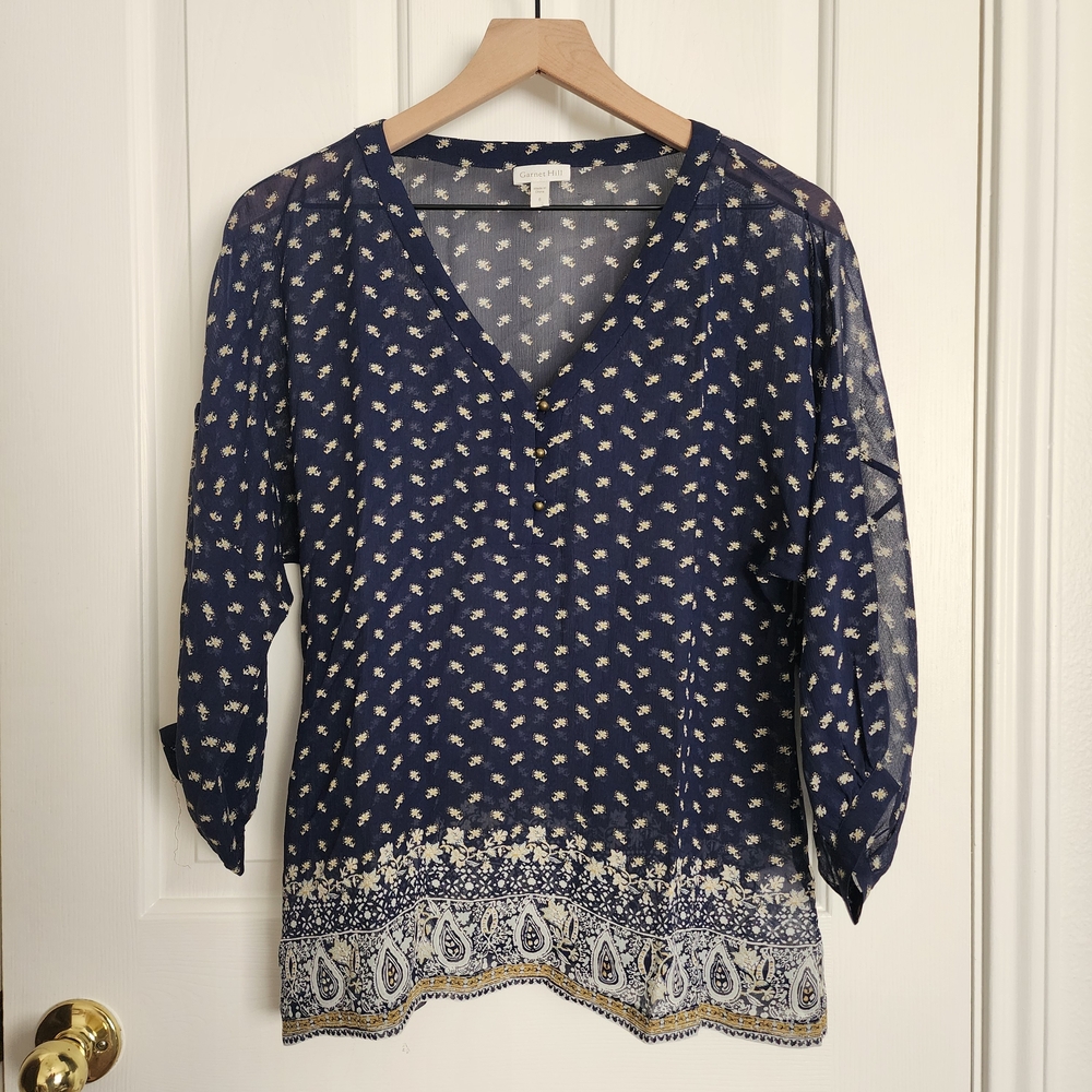 Garnet Hill Button Detail Navy and Cream Patterned Silk Blouse